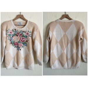 Vintage Casual Corner Floral Embroidered Argyle Crewneck Sweater Small Cottage